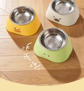 Cute stainless steel pet bowl with cute animal base, tilt design for cat and dog feeding.