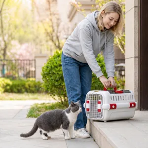 Tragbare Haustier-Reisebox für Katzen und Hunde mit Doppeltüren und Lüftungsgittern.