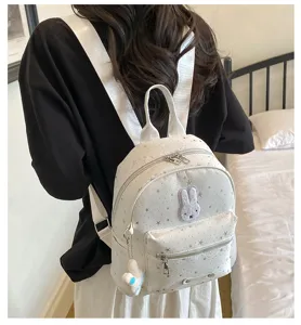 Korean style cute rabbit star print casual white mini backpack for women daily travel