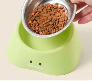 Slanted raised pet bowl detail, stainless steel dish with cute dinosaur stand, anti-vomiting.