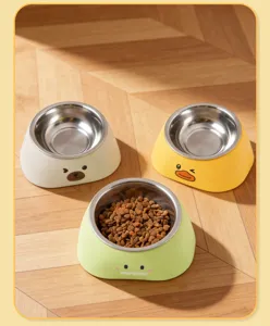 Slanted stainless steel pet bowl cat dog food water feeder with cute animal base design.