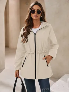 Beige hooded drawstring waist zipper jacket with pockets for women stylish casual daily wear.