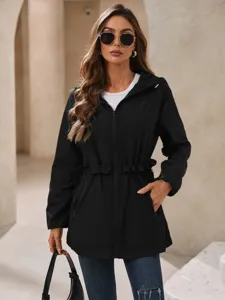 Women's Black Hooded Ruffled Waist Raincoat Waterproof Zipper Pocket Casual Jacket Coat