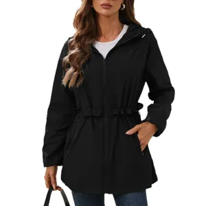 Women Black Hooded Waterproof Windbreaker Drawstring Waist Casual Jacket Outerwear