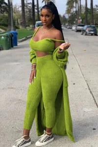 Conjunto verde suave de 3 piezas para mujer parte superior pantalón detalle