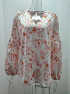 Blouse chemisier femme imprimé floral col V manches longues lanterne chic mode
