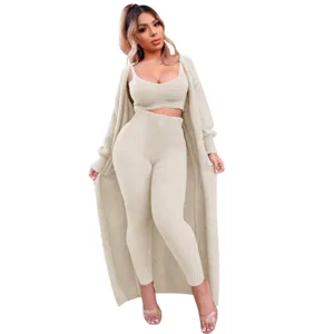 Conjunto de 3 piezas mullido mujer camiseta tirantes pantalon largo cardigan invierno