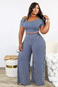 Plus size striped two piece set short sleeve crop top and high waist wide leg pants for women
