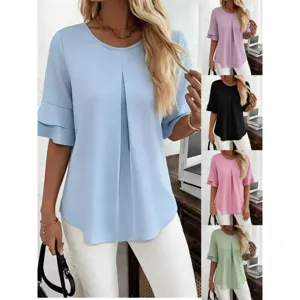 Casual loose round neck half sleeve ruffle blouse summer women elegant chic tops
