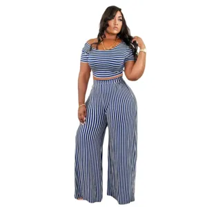Stylish blue and white striped two-piece set featuring a crop top and wide-leg pants.