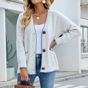 Cardigan de Punto Oversize Casual para Mujer Cuello en V Botonadura Sencilla Manga Larga Bloques de Color Bolsillos Abrigo