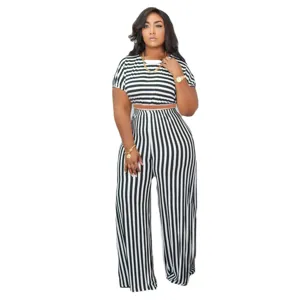 Plus size black and white striped crop top and wide leg pants two piece set for women.
