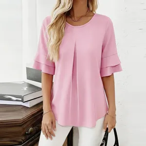 Casual pink pleated round neck tiered flare sleeve blouse top for women summer daily wear chic