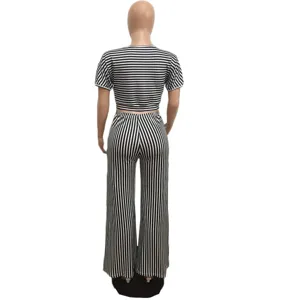 Black and white striped two-piece set short sleeve crop top high waist wide leg pants
