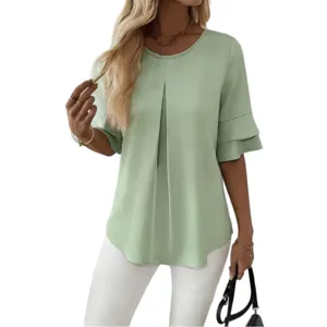 Green ruffle sleeve blouse with front pleat detail, casual elegant summer top for women.