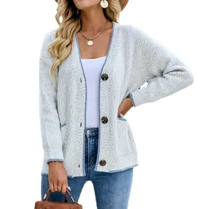 Cárdigan de punto casual para mujer suelto bloque de colores con botones bolsillos.
