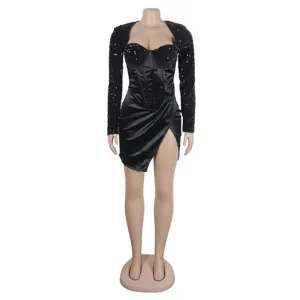 Sexy black sequin long sleeve corset mini dress with high slit for party clubwear.
