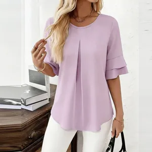 Chic lavender blouse detail featuring layered ruffle sleeves and stylish pleated front design.