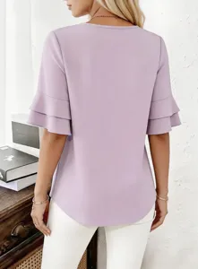 Women Summer Casual Loose Crew Neck Ruffle Half Sleeve Lavender Blouse Shirt Top