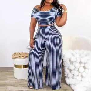 Womens Casual Color Block Striped Crop Top And High Waist Wide Leg Long Pants Set Summer Fashion Two Piece Tracksuit Outfit