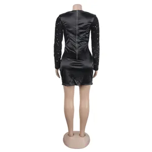 Back detail view of black long-sleeve mini dress with sequin sleeves and back zipper.