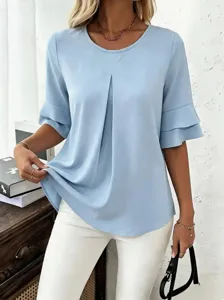 Casual light blue round neck short sleeve blouse with layered ruffles for women summer top