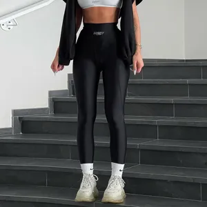 Leggings de sport noirs taille haute pour femme, pantalon de yoga fitness tendance.