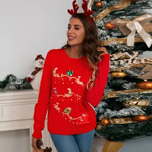 Detail view of women's Christmas red knit sweater featuring festive deer embroidery and sequins.
