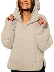 Women Winter Solid Color Hooded Quilted Puffer Jacket Pocket Long Sleeve Detail View
