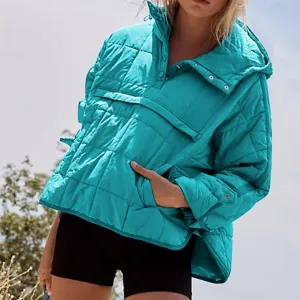 Women's Winter Solid Color Hooded Quilted Cotton Puffer Jacket Long Sleeve Snap Button Casual Daily Outerwear
