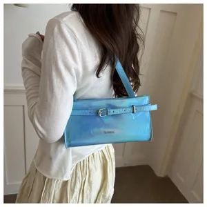 Holographic leather shoulder bag for women, stylish underarm purse with buckle detail.