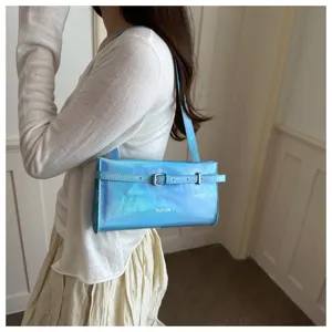 Detailed view of the stylish holographic shoulder bag, highlighting glossy finish and chic buckle strap.