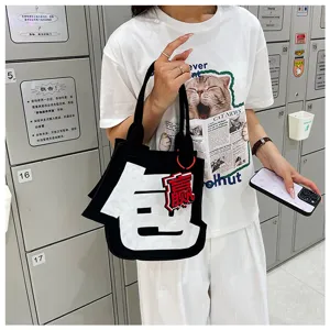 Creative Chinese character black felt tote bag, casual daily commuting fashion handbag for women.