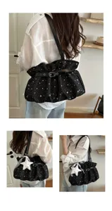 Black star pattern underarm shoulder bag for women, stylish casual daily retro PU leather handbag.