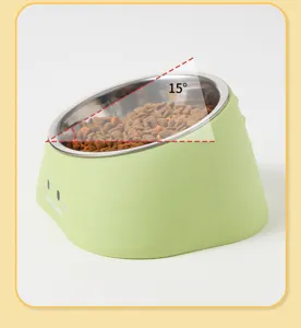 Tilted elevated pet bowl with stainless steel inner bowl and cute cartoon design for cats dogs.