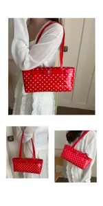 Red patent leather shoulder bag with white polka dots, trendy underarm bag detail view.