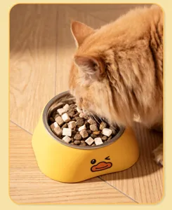 Stainless steel pet bowl with cute duck design, perfect for cats and dogs feeding time daily use.