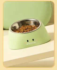 Detailed view of the tilted high-foot pet bowl with stainless steel inner bowl and cute design.