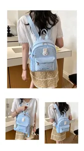 Korean style sweet star dot rabbit casual women backpack, cute aesthetic daily daypack light blue.