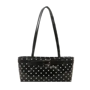 Black white polka dot patent leather shoulder bag for women, chic commuting underarm handbag.