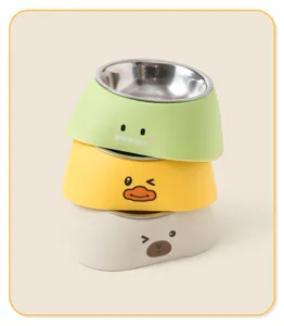 Cute stainless steel pet bowl detail, stacked design with lovely cartoon animal faces for cats and dogs.