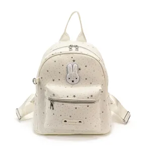 Cute mini white backpack with silver stars and bunny embroidery, casual sweet style everyday bag.