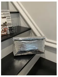 Silver metallic crocodile pattern clutch bag for women, stylish minimalist evening handbag.