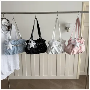 Chic ruched shoulder underarm bag for women, featuring a cute star pendant and elegant lace trim.