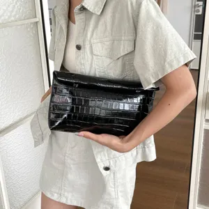 Elegant black patent crocodile pattern clutch bag, large capacity minimalist envelope handbag for women.