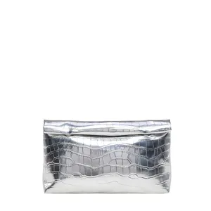 Silver metallic croc-embossed clutch bag for women, stylish minimalist evening handbag.