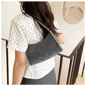 Detailaufnahme der grauen Filz-Umhängetasche, stilvolles minimalistisches Design für den Alltag.
