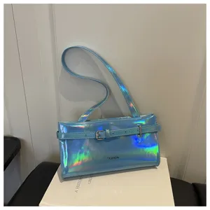 Holographic shoulder bag detail, glossy metallic finish, stylish underarm purse with buckle.