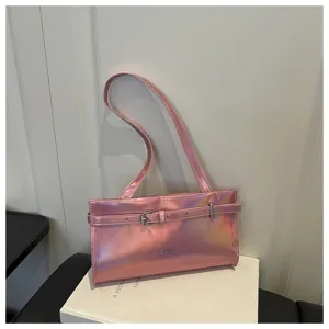 Pink holographic shoulder bag for women, stylish underarm baguette bag with decorative buckle.