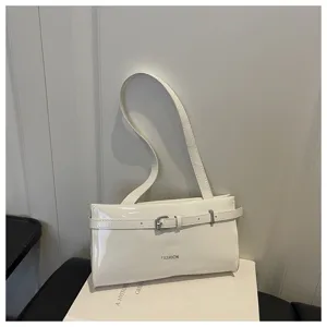 White patent leather underarm shoulder bag, trendy minimalist casual bag for women daily.